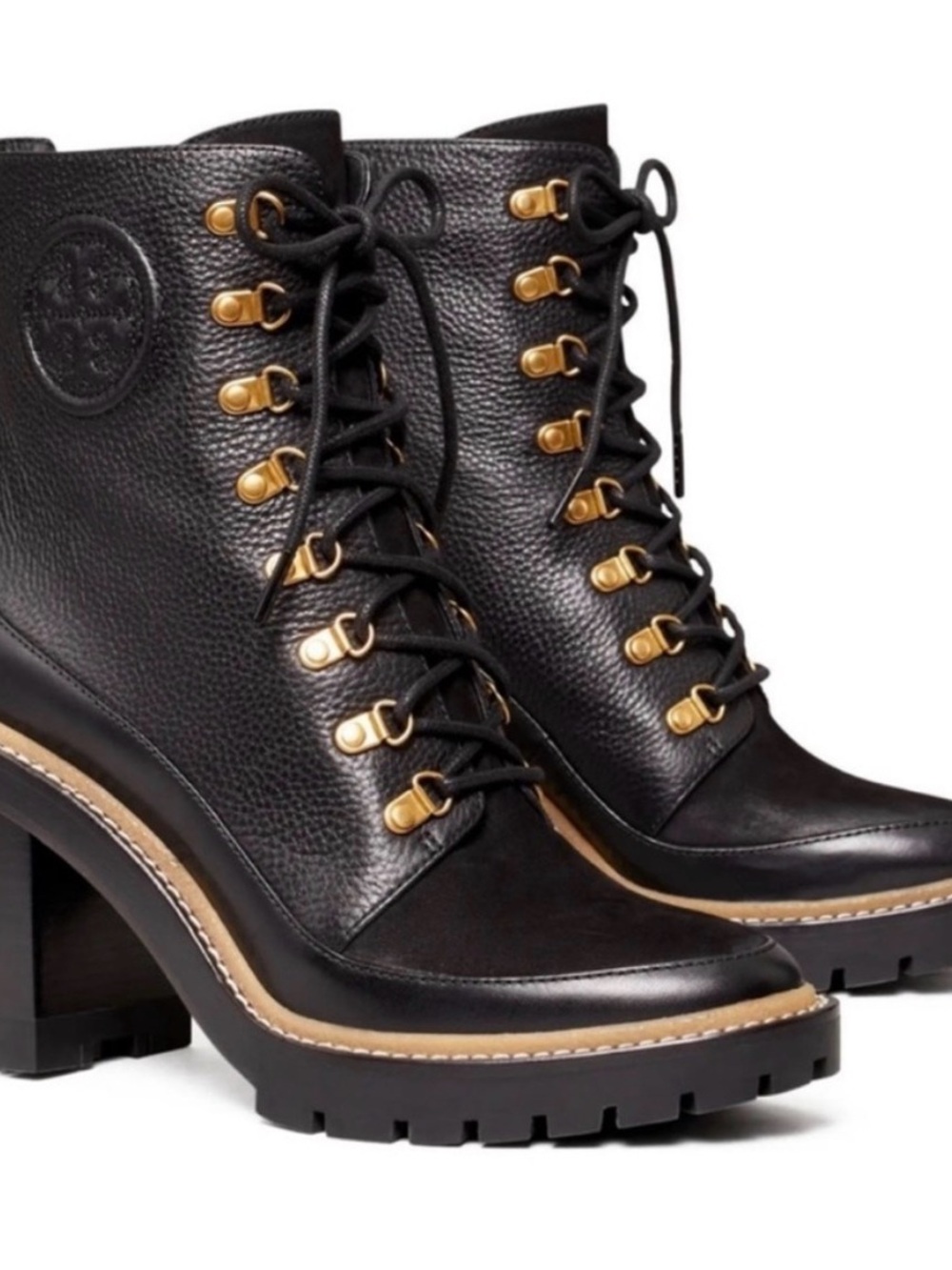 Tory Burch Black Leather Lace-Up Lug Heel Boots with Gold Hardware